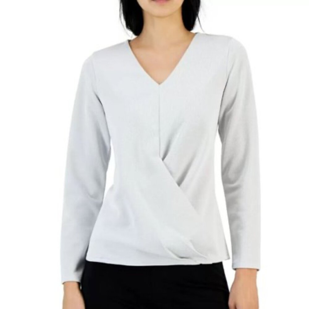 NEW! Alfani Metallic Wrap Front Knit Top‎ Soft White V-Neck Long Sleeve $59.50 S